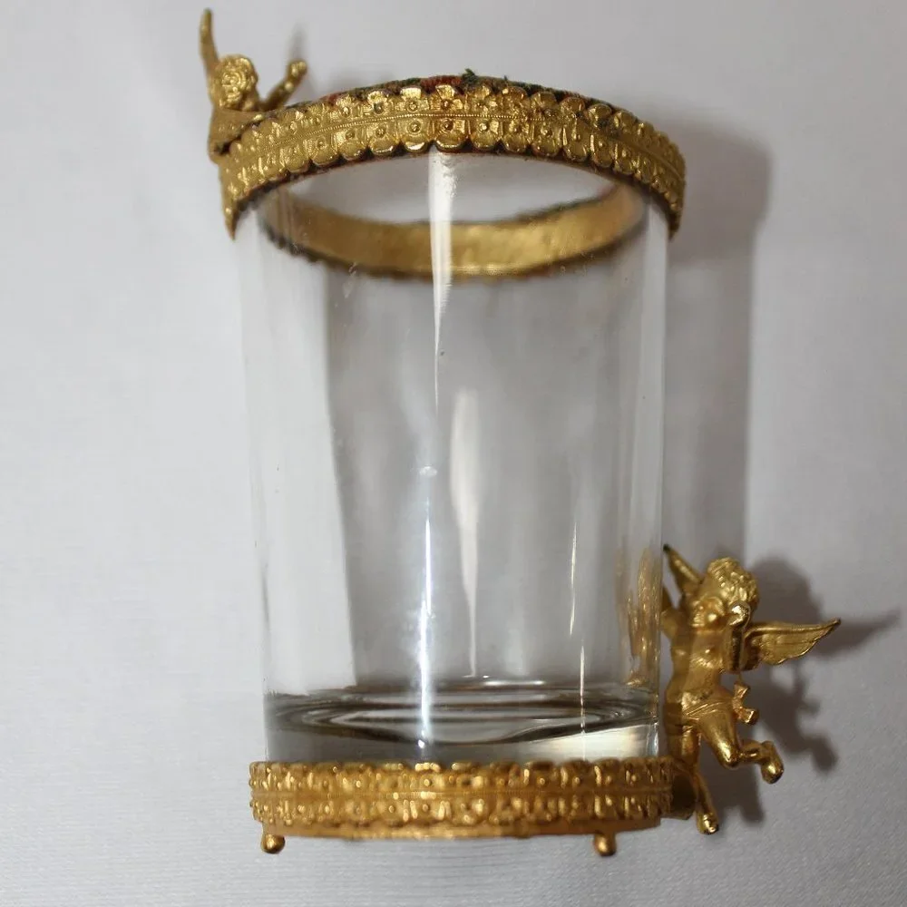 Vintage Golden Cherup Vanity Trinket Dish and Glass